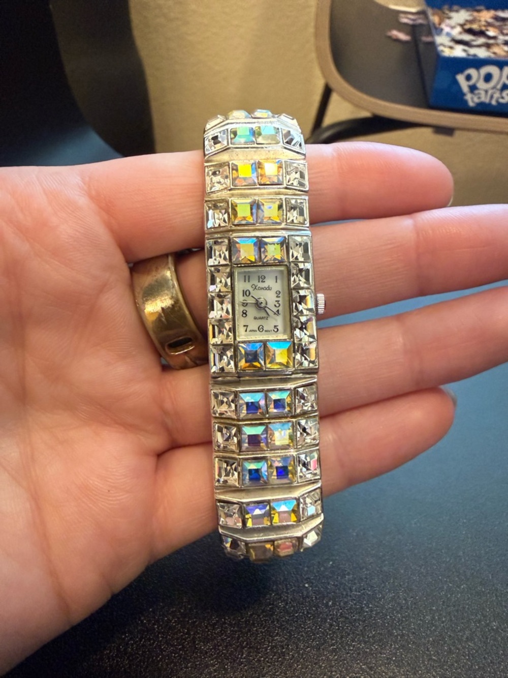 Vintage " Xanadu " Silver Tone w/ AB & Clear Crystals Women Fashion Wristwatch